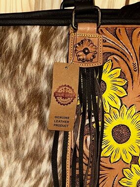 Sunflower Tooled Leather Shoulder Bag with Haircalf Accent - Brown & Yellow